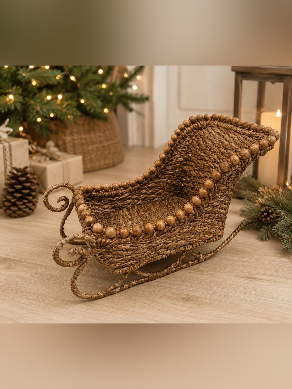HomeGoods Woven Christmas Sleigh Beaded Holiday Decor Natural Rattan 19 inch.